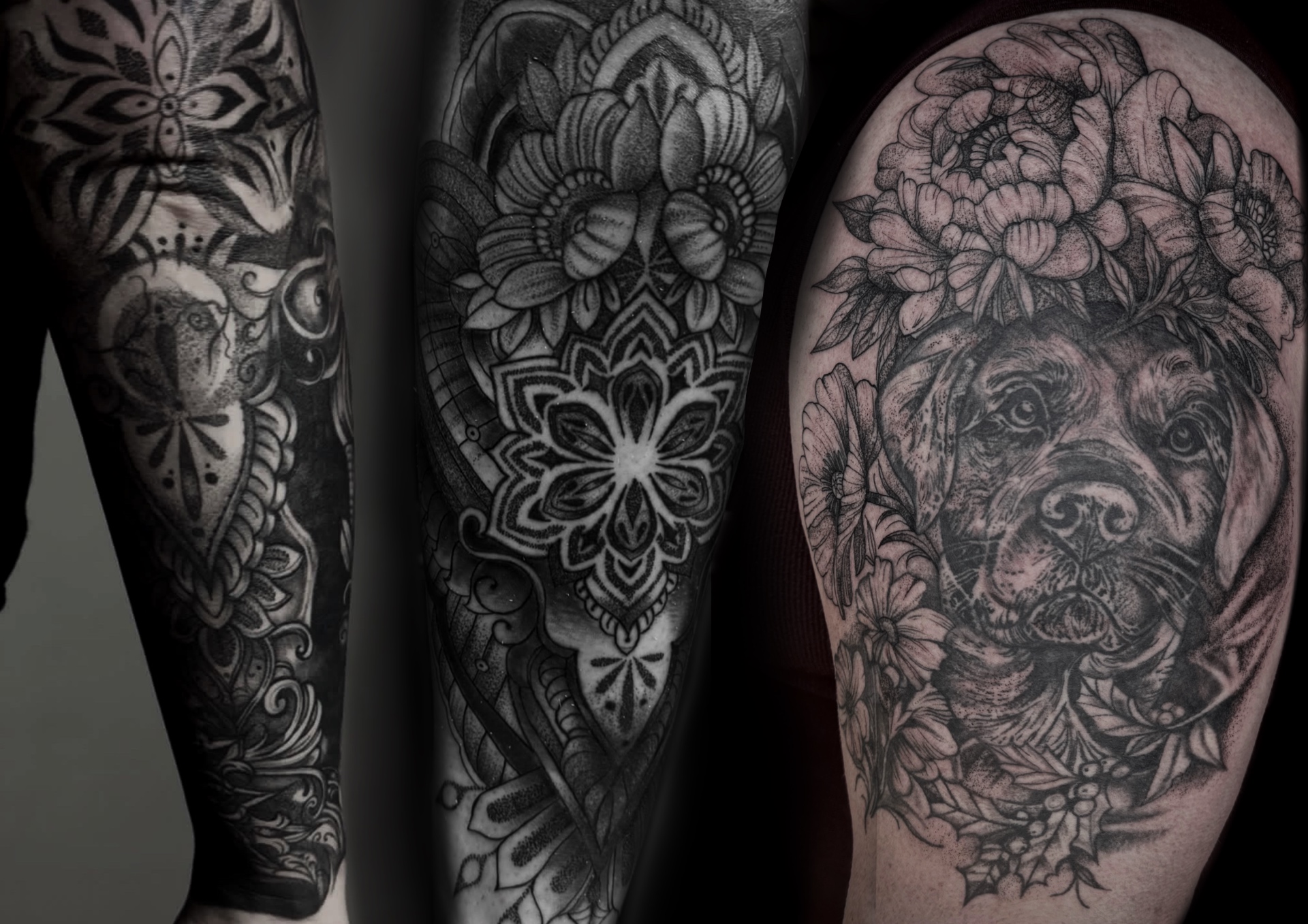 Three black and grey pieces: ornamental mandala sleeves and a dotwork dog portrait with florals