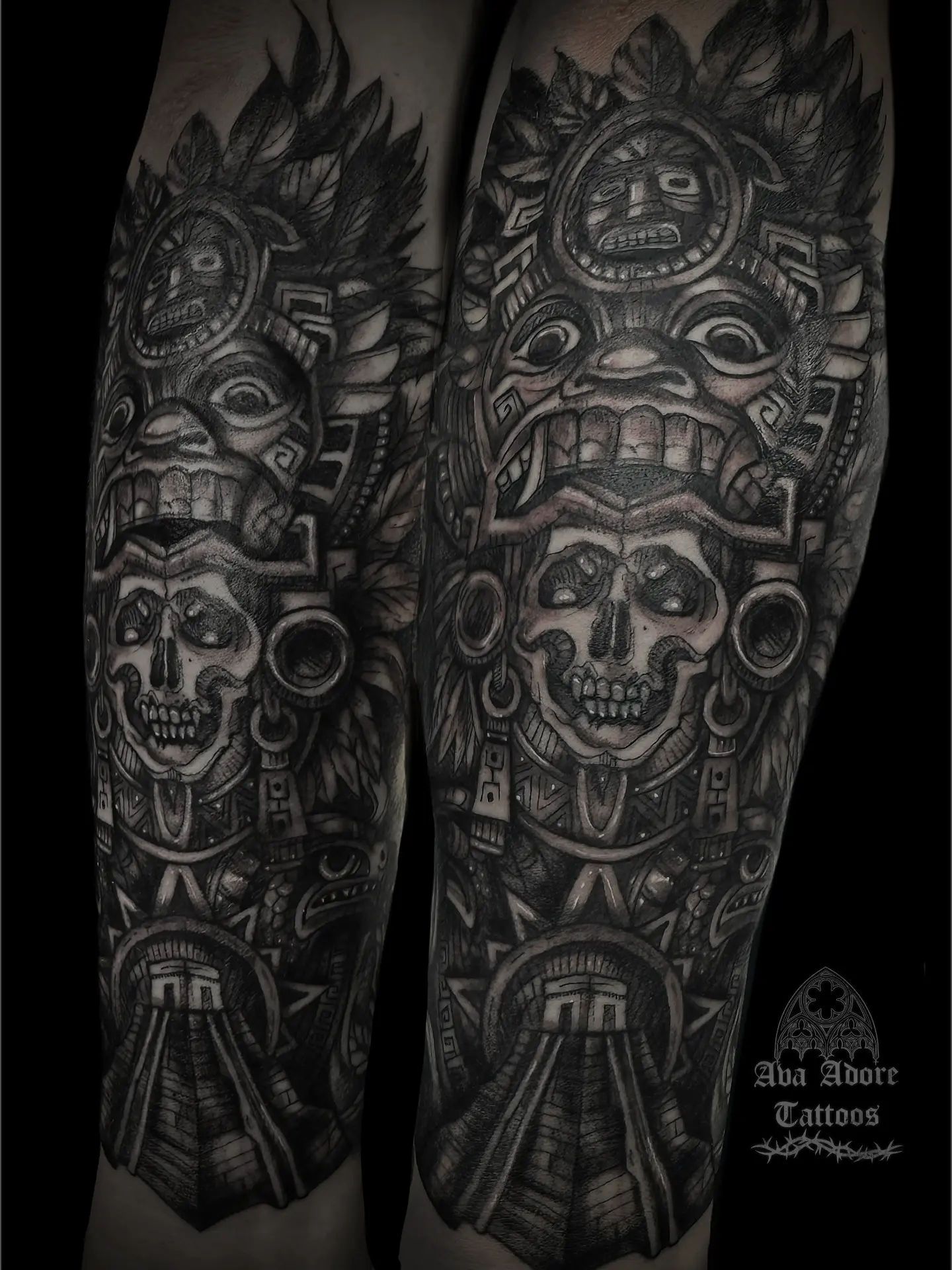 Black and grey Aztec sleeve tattooed at Black Cat Tattoo