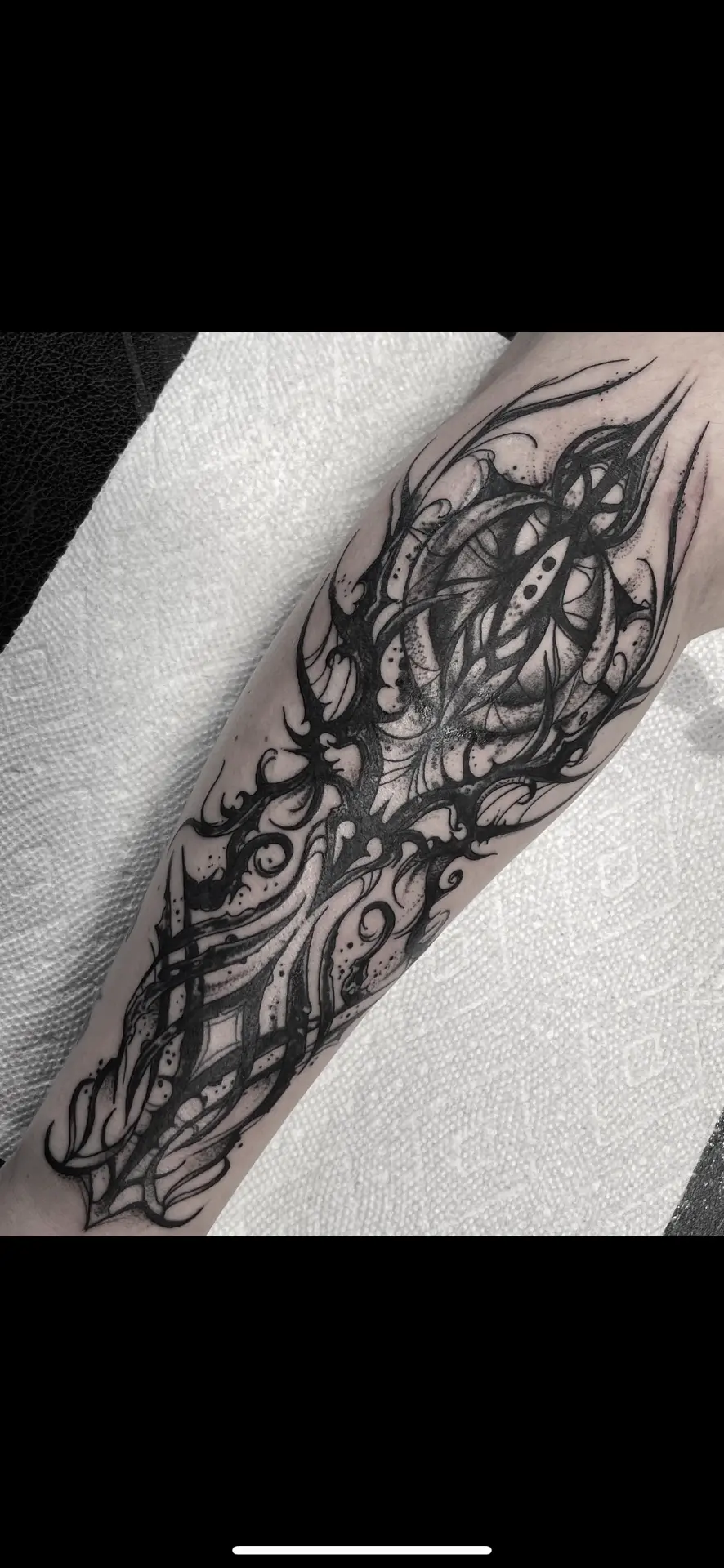 Abstract biomechanical blackwork forearm piece