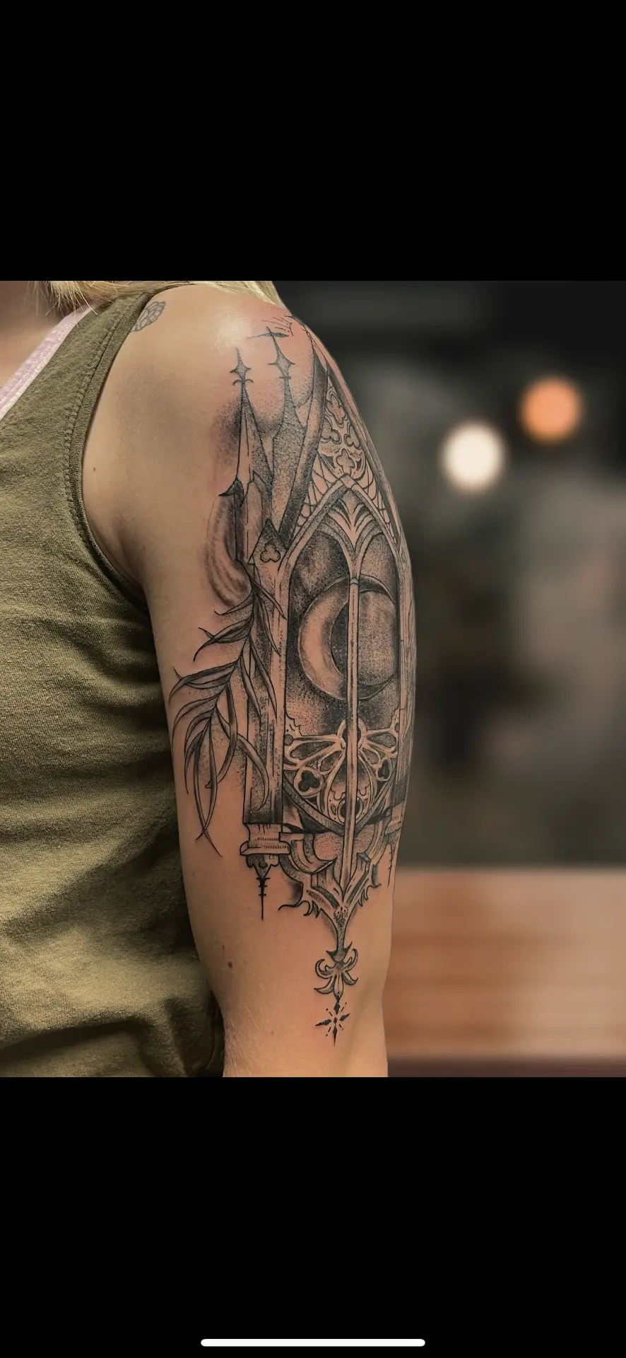 Gothic cathedral window and crescent moon blackwork half sleeve