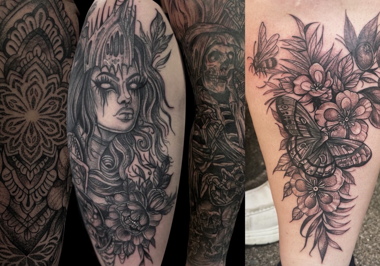 Collection of black and grey tattoos: sacred geometry mandala, gothic sorceress, skeleton and floral butterfly